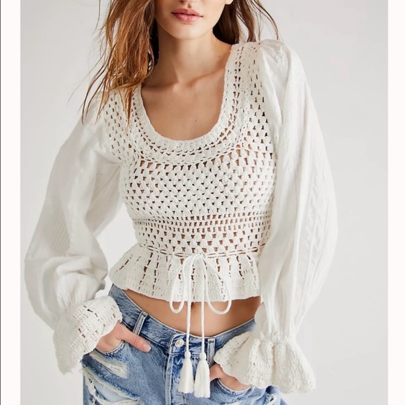 Free People Tops - Free People White Cropped Tie Front Blouse